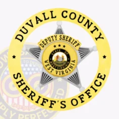 This custom metal badge for deputy sheriffs gleams in silver, featuring a distinctive gold star shape at the center. The top inscription states "deputy sheriff," while the circular edge showcases "duvall county sheriff's office. " the badge highlights “state of west virginia,” and includes a safety pin attachment for secure placement.