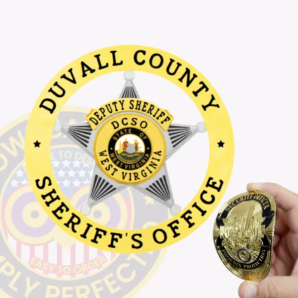 A polished gold custom flex badge designed for deputy sheriffs, highlighted by a striking silver star in the center. The top reads "DEPUTY SHERIFF," while the circular band around it showcases "DUVALL COUNTY SHERIFF'S OFFICE." This badge features "DCSO" and "STATE OF WEST VIRGINIA," along with a convenient velcro attachment for easy fastening.