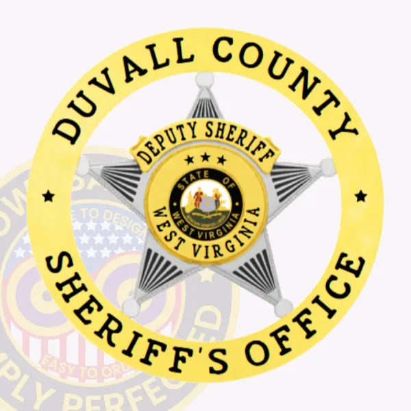 This custom metal badge for deputy sheriffs gleams in silver, featuring a distinctive gold star shape at the center. The top inscription states "DEPUTY SHERIFF," while the circular edge showcases "DUVALL COUNTY SHERIFF'S OFFICE." The badge highlights “STATE OF WEST VIRGINIA,” and includes a safety pin attachment for secure placement.