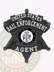 Matte black six-point star metal badge for bail enforcement agents, displaying “UNITED STATES BAIL ENFORCEMENT AGENT” in white letters curved on a banner above and below the star, with the official State of Wyoming seal in the middle and a safety pin backing.