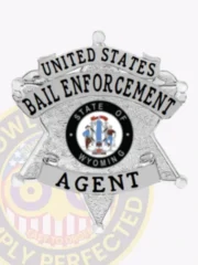 Silver metal badge shaped as a six-point star with embossed black lettering “UNITED STATES BAIL ENFORCEMENT AGENT” on curved banners above and below the star, centered by the Wyoming state emblem, made specifically for bail enforcement agents with a safety pin.