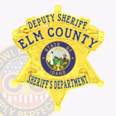 This custom metal badge for deputy sheriffs boasts a sophisticated gold finish, with "deputy sheriff elm county" elegantly curved at the top. The centerpiece features a circular emblem of the "state of idaho," framed by a blue ring. The bottom inscription states "sheriff's department," and the badge is designed with a safety pin attachment for easy pinning.