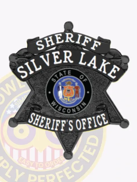 A beautifully crafted custom 6 point star metal badge for sheriff departments, shining in black. The badge features "SHERIFF" at the top, with "SILVER LAKE" arching above a vibrant central emblem depicting the state seal of Wisconsin. Designed with a safety pin attachment, it ensures quick and secure application to uniforms.