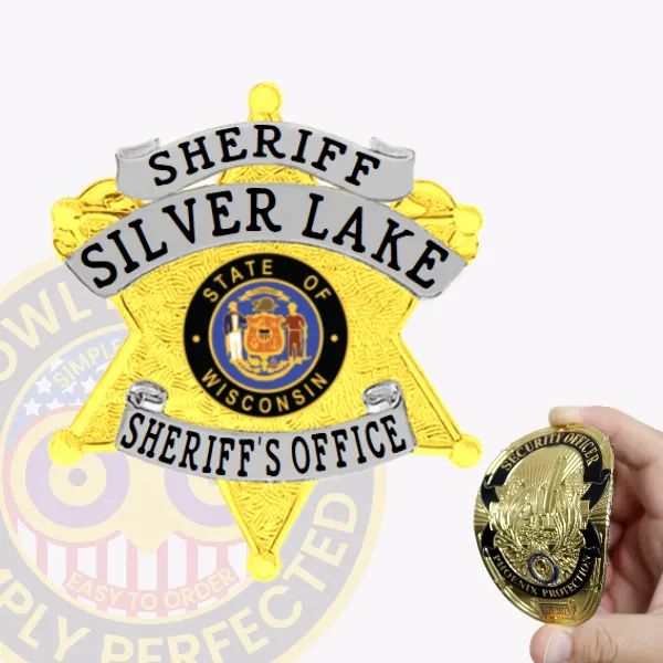 A vibrant custom 6 point star flex badge for sheriff departments, featuring a striking gold finish with silver panels. The badge prominently displays "SHERIFF" at the top, with "SILVER LAKE" arching above the central emblem, which includes the state seal of Wisconsin. The words "SHERIFF'S OFFICE" are featured below, and the badge includes a velcro attachment for secure and convenient wear.