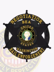 Black six-pointed star metal badge encircled by a round banner reading “NEGOTIATION” above and “BAIL ENFORCEMENT” below, including “BEA” and “WASHINGTON” text on the star points and the Washington state emblem in the middle, made for bail enforcement agents with a safety pin fastener.