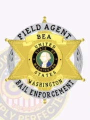 Six-pointed gold star badge inside a silver circle banner that states “FIELD AGENT” above and “BAIL ENFORCEMENT” below, showing “BEA” and “WASHINGTON” on the star points, designed for bail enforcement agents with safety pin attachment.