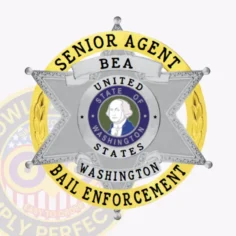 Detailed custom silver 6 pointed star metal badge inside a gold circular banner that states “senior agent” above and “bail enforcement” below, highlighting “bea” and “washington” text on the star, designed for bail enforcement agents with safety pin fastening.