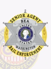 Silver six-pointed star metal badge framed by a gold circle banner reading “SENIOR AGENT” and “BAIL ENFORCEMENT,” including “BEA” and “WASHINGTON” text on the star, attached with a safety pin for bail enforcement agents.