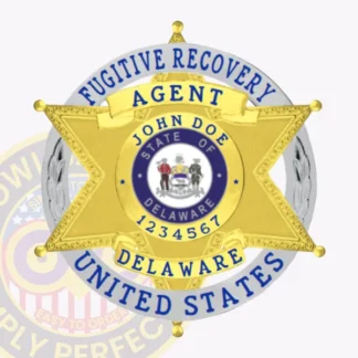 Custom gold metal badge for fugitive recovery agents in Delaware shaped as a 6-point star within a silver circular banner, featuring blue text "FUGITIVE RECOVERY AGENT UNITED STATES," personalized "JOHN DOE 1234567" over the colorful state seal, and secured with a safety pin backing.