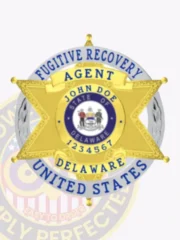Custom gold 6-point star metal badge with a silver circle banner for fugitive recovery agents in Delaware, featuring blue text "FUGITIVE RECOVERY AGENT UNITED STATES" around the silver circle, a detailed gold star with the Delaware state seal in the center, personalized with "JOHN DOE" and ID number "1234567," complete with a safety pin attachment.