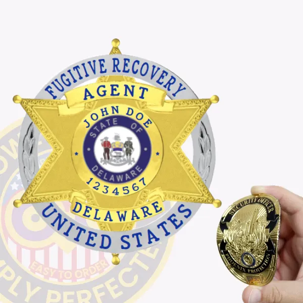 Custom gold flex badge for fugitive recovery agents in Delaware shaped as a 6-point star within a silver circle banner, featuring blue text "FUGITIVE RECOVERY AGENT UNITED STATES," personalized "JOHN DOE 1234567" over the colorful state seal, and secured with velcro for attachment.