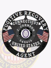 Custom black 6-point star in circle banner metal badge for fugitive recovery agents in Connecticut, featuring white text "FUGITIVE RECOVERY AGENT UNITED STATES" around the outer black circle, a detailed black star with the Connecticut state seal in the center, personalized with "J. JOHNSON" and ID number "345612," flanked by two American flags, with a safety pin attachment.