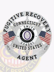 Silver metal 6-point star badge enclosed in a circular silver banner for Connecticut fugitive recovery agents, displaying black lettering "FUGITIVE RECOVERY AGENT UNITED STATES" around the edge, the Connecticut state seal centered inside the star, personalized "J. SMITH 234561," and two American flags on each side, secured with a safety pin fastener.