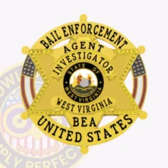 Detailed custom gold metal badge shaped as a six-pointed star within a circular banner reading “bail enforcement” and “united states,” showcasing “agent investigator” text on the star and the west virginia state seal in the center, attached by a safety pin for bail enforcement agents.