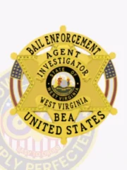 Bright gold 6 pointed star metal badge encircled by a banner with the words “BAIL ENFORCEMENT” on top and “UNITED STATES” at the bottom, highlighting “AGENT INVESTIGATOR” on the star and centered by the West Virginia state emblem, designed for bail enforcement agents with a safety pin.