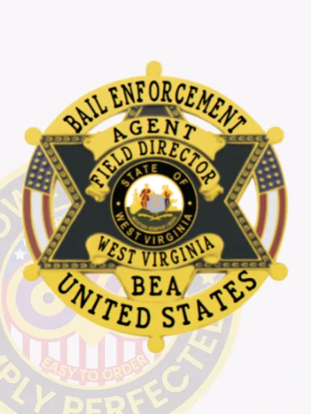 Six-pointed star metal badge in gold and black colors, surrounded by a circular gold banner that says “BAIL ENFORCEMENT” and “UNITED STATES,” including the title “AGENT FIELD DIRECTOR” across the star and the West Virginia emblem centrally placed, made for bail enforcement agents with a safety pin fastener.