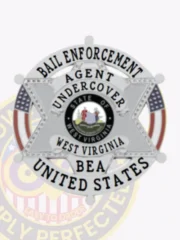 Shiny custom silver metal badge shaped as a six-pointed star inside a circular banner that says “BAIL ENFORCEMENT” above and “UNITED STATES” below, featuring “AGENT UNDERCOVER” text on the star and the official West Virginia state seal in the center, including safety pin attachment.