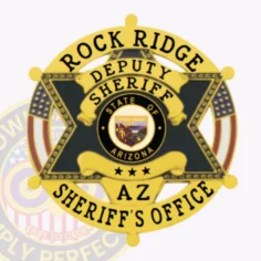 Featuring a radiant gold design, this custom metal badge for deputy sheriffs showcases a striking black 6-point star at its core. The inscription "rock ridge deputy sheriff" curves along the top, while "az sheriff's office" is elegantly placed beneath. Two american flags enhance the patriotic feel, and the badge includes a safety pin attachment for practicality.