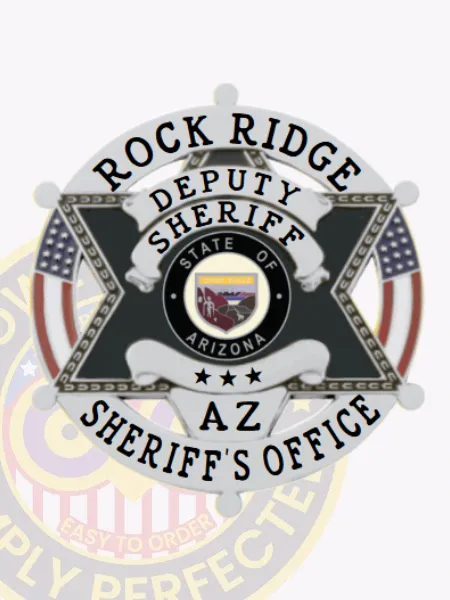 Featuring a sleek silver design, this custom metal badge for deputy sheriffs showcases a striking black 6-point star surrounded by the words "ROCK RIDGE DEPUTY SHERIFF." Below, "AZ SHERIFF'S OFFICE" is displayed, while two American flags add a patriotic touch. The badge includes a safety pin attachment for practical wear.