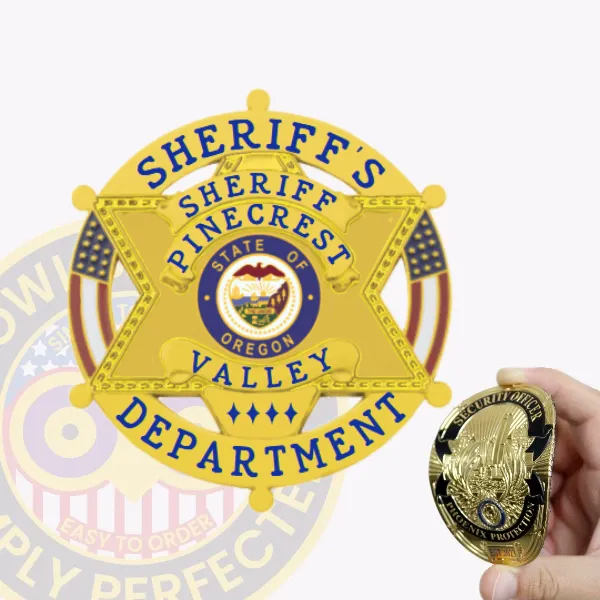 A vibrant custom 6 point star in a circle banner flex badge for sheriff departments, crafted in a rich gold finish. The badge prominently displays "SHERIFF'S" at the top, with "PINECREST" and "VALLEY DEPARTMENT" framing a central circular emblem featuring the state of Oregon. This badge includes a velcro attachment for easy and secure fastening.