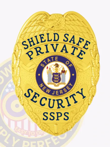 A meticulously crafted gold badge shaped like a shield, featuring intricate designs that enhance its overall appeal. The phrase "SHIELD SAFE PRIVATE SECURITY" is boldly printed at the top in dark blue lettering, complemented by a central emblem that reads "STATE OF NEW JERSEY." Below this, "SSPS" is prominently displayed. This custom metal badge for private security in gold with safety pin attachment combines elegance with practical functionality, making it ideal for various security roles.