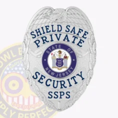 An elegantly crafted silver badge in a classic shield shape, featuring intricate detailing along the edges. The words "shield safe private security" arc gracefully across the top in striking blue font, framing a central emblem that reads "state of new jersey. " below this, "ssps" stands out prominently. This custom metal badge for private security in silver with safety pin attachment emphasizes both sophistication and functionality.