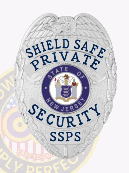 A sleek silver badge shaped like a shield, featuring a polished finish that gleams under light. The phrase "SHIELD SAFE PRIVATE SECURITY" is prominently displayed at the top in bold blue letters, while a central circular emblem showcases "STATE OF NEW JERSEY." Below this, the abbreviation "SSPS" is clearly marked. This custom metal badge for private security in silver with safety pin attachment combines professionalism with a modern design.