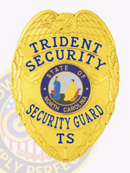 Designed as a custom metal badge for security guard, this gold badge highlights an impressive eagle at the top and intricate detailing throughout. The badge showcases "TRIDENT SECURITY" in bold letters, with "SECURITY GUARD" clearly presented beneath the North Carolina state seal, emphasizing authority and professionalism.