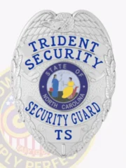 Featuring an elegant silver design, this custom metal badge for security guard includes vibrant blue lettering and detailed accents. The words "TRIDENT SECURITY" are displayed prominently above the state emblem, while "SECURITY GUARD" is clearly marked below, creating a strong visual presence.