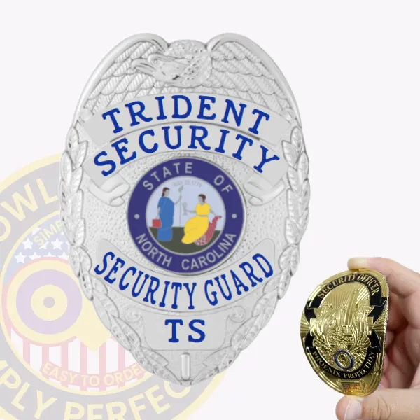 Designed as a custom flex badge for security guard, this silver badge highlights an impressive eagle at the top and rich detailing throughout. The badge showcases "TRIDENT SECURITY" in bold letters, with "SECURITY GUARD" clearly presented beneath the North Carolina state emblem, ensuring recognition and professionalism.