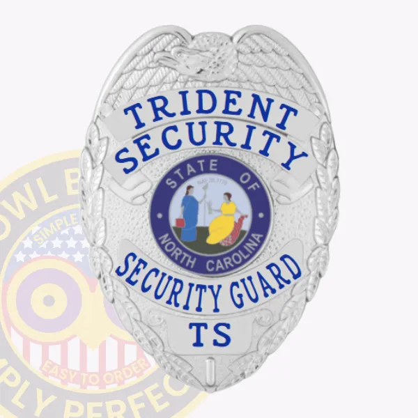 This custom metal badge for security guard shines in a bright silver hue, adorned with decorative elements. The badge clearly presents "TRIDENT SECURITY" at the top, with "SECURITY GUARD" boldly displayed below the central emblem of North Carolina, ensuring clear identification.