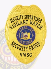 This elegant gold custom metal badge for security supervisors displays "SECURITY SUPERVISOR" prominently at the top in bold black text. Below, "VIGILANT WATCH" is highlighted, surrounding a central emblem depicting New York's state seal. The badge is adorned with intricate eagle wings and features a dependable safety pin attachment to ensure it remains securely in place.