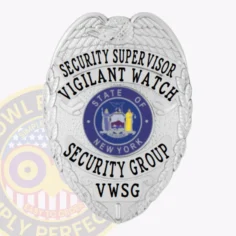 This striking silver custom metal badge for security supervisors features "security supervisor" boldly at the top in prominent black letters. Below, the badge displays "vigilant watch," along with "security group" and "vwsg," surrounding a central emblem that highlights new york's state symbol. The badge includes detailed eagle wings and is secured with a reliable safety pin attachment for dependable wear.