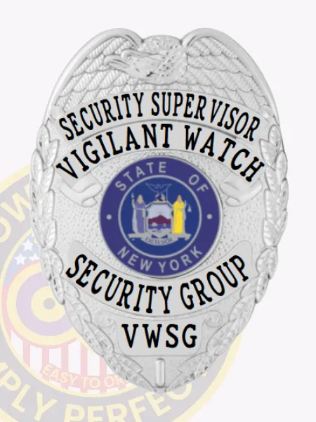 A beautifully designed custom metal badge for security supervisors in silver, featuring "SECURITY SUPERVISOR" boldly displayed at the top in black lettering. Beneath, "VIGILANT WATCH" frames a central emblem representing New York. The design includes elegant eagle wings and is secured with a practical safety pin attachment for easy display.