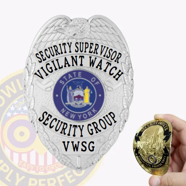 This elegantly designed silver custom flex badge for security supervisors features "SECURITY SUPERVISOR" at the top in bold lettering, followed by "VIGILANT WATCH." The central area includes "SECURITY GROUP" and "VWSG," framing a circular emblem of New York. The badge includes intricate eagle wings and is secured with a sturdy Velcro attachment for easy application.