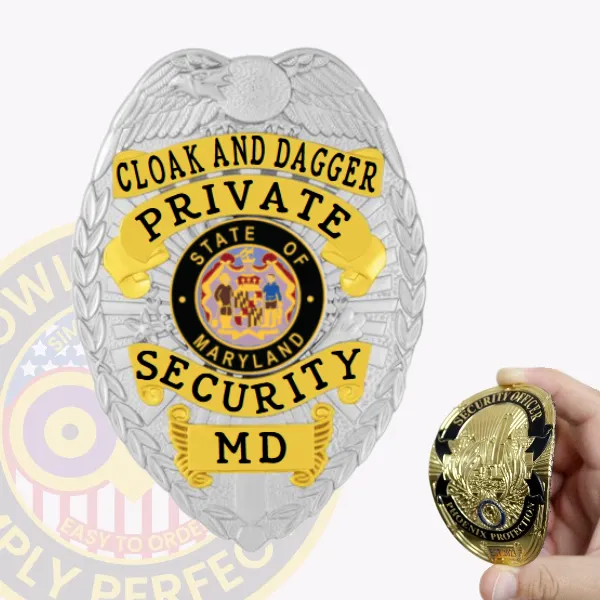 A meticulously crafted silver badge in a shield shape, adorned with gold panels and intricate engravings. The words "CLOAK AND DAGGER" are boldly printed at the top in black lettering, complemented by a central emblem that reads "STATE OF MARYLAND." Below this, "MD" stands out prominently. This custom flex badge for private security in silver with gold panels with velcro attachment combines sophistication and versatility, making it ideal for security personnel.