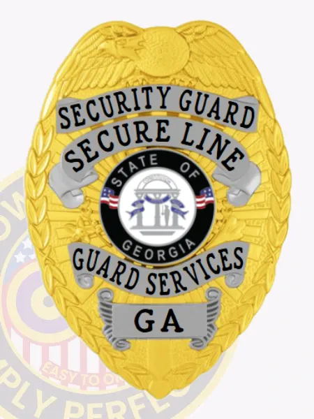 Crafted in a radiant gold design, this custom metal badge for security guard showcases intricate silver accents. The badge features "SECURITY GUARD" and "SECURE LINE" prominently at the top, while the Georgia state seal and "GUARD SERVICES" are displayed centrally, reflecting pride and authority.