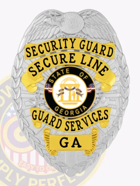 This custom metal badge for security guard features a polished silver finish, enhanced by striking gold panels at the top and bottom. The badge prominently displays "SECURITY GUARD" and "SECURE LINE" in bold lettering, with the state emblem of Georgia at the center and "GUARD SERVICES" clearly marked below, ensuring a professional appearance.