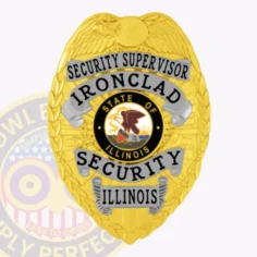 This beautifully designed custom metal badge for security supervisors features a shiny gold finish with silver panels. The top displays "security supervisor" in bold black letters, while "ironclad" is featured below, surrounding an emblem that represents illinois. The badge includes elegant eagle wings and is secured with a strong safety pin attachment for dependable display.