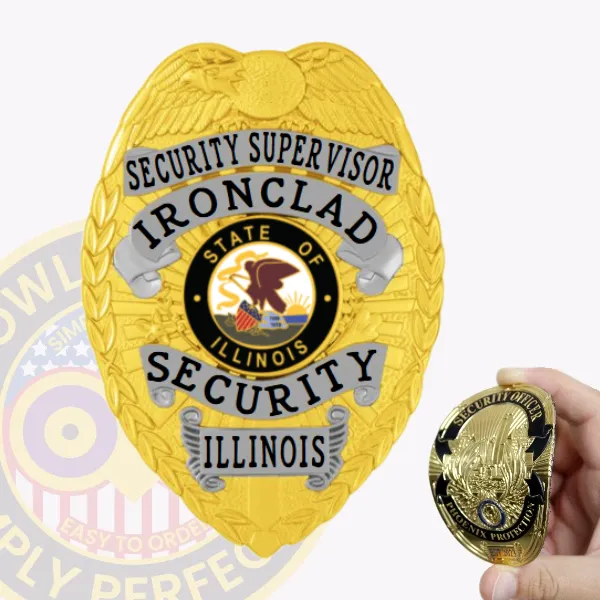 A custom flex badge for a security supervisor, radiating in gold with striking silver panels. The top displays "SECURITY SUPERVISOR" in bold black text, while "IRONCLAD" is featured below, surrounding an emblem that highlights Illinois’s state symbol. The badge includes decorative eagle wings and is secured with an effective Velcro attachment for reliable wear.