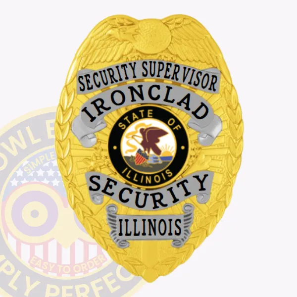 This beautifully designed custom metal badge for security supervisors features a shiny gold finish with silver panels. The top displays "SECURITY SUPERVISOR" in bold black letters, while "IRONCLAD" is featured below, surrounding an emblem that represents Illinois. The badge includes elegant eagle wings and is secured with a strong safety pin attachment for dependable display.