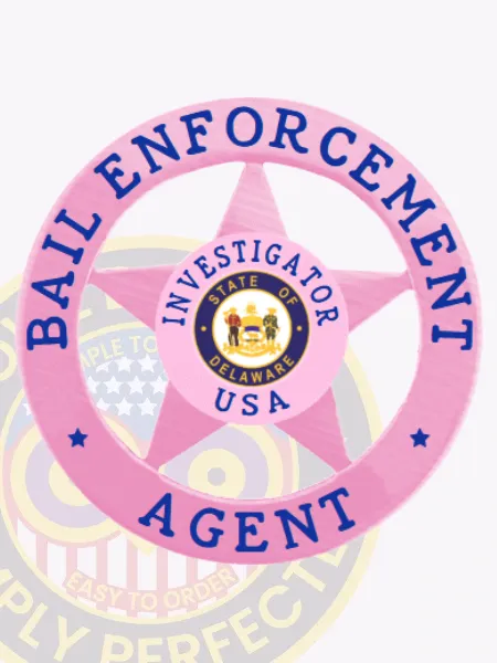 Bail enforcement agent badge in bright BCAM pink metal, featuring a five-point star inside a circle banner, labeled “BAIL ENFORCEMENT” on top and “AGENT” at the bottom, with “INVESTIGATOR USA” and the Delaware state seal in the center, secured by a safety pin.