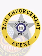 Shiny gold circular metal badge for bail enforcement agents with “BAIL ENFORCEMENT” and “AGENT” text surrounding a silver five-point star, which is inscribed “FIELD AGENT USA” along with the Delaware state emblem, secured with a safety pin.