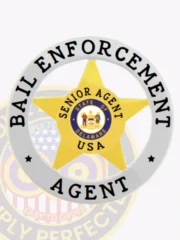 Custom badge with a silver circle banner engraved “BAIL ENFORCEMENT AGENT” in black, featuring a gold five-point star at the center that includes “SENIOR AGENT USA” and Delaware’s state seal, attached by a safety pin for bail enforcement agents.