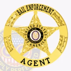Gold metal badge shaped as a circular banner with a five-point star in the middle, inscribed with “bail enforcement agent” around the edges, and the connecticut state seal in the center, designed for bail enforcement agents with a safety pin on the back.