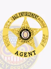 Shiny custom gold metal badge for bail enforcement agents, showing a circular ring with “BAIL ENFORCEMENT” above and “AGENT” below, enclosing an embossed five-point star that contains “UNITED STATES OF AMERICA” and “STATE OF CONNECTICUT” text.