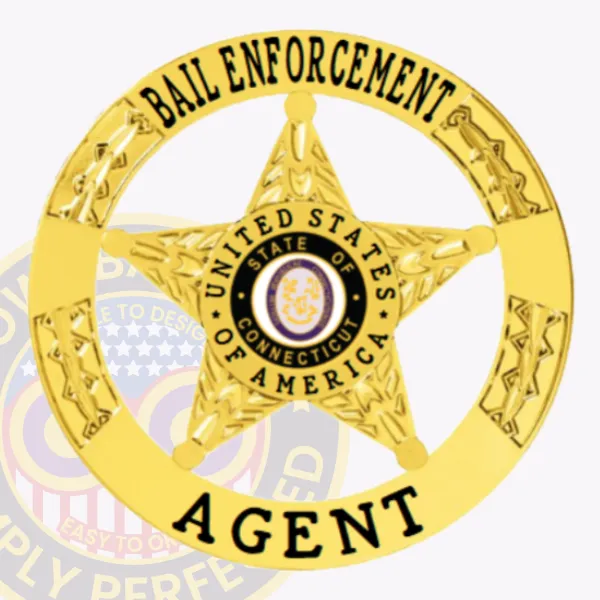 Gold metal badge shaped as a circular banner with a five-point star in the middle, inscribed with “BAIL ENFORCEMENT AGENT” around the edges, and the Connecticut state seal in the center, designed for bail enforcement agents with a safety pin on the back.