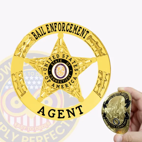 Custom gold 5 point star flex badge in circle banner for bail enforcement agents with velcro attachment featuring detailed star design and "Bail Enforcement Agent" text wrapped around the circle.