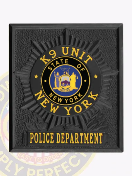 Elegant black square metal badge for the NYPD K9 Unit, highlighting the title "K9 UNIT" in bold yellow lettering at the top. The central emblem of New York adds authority, while "NEW YORK POLICE DEPARTMENT" is showcased gracefully below. This badge features a reliable safety pin attachment for convenient wear.