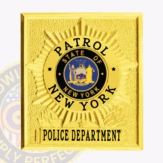 Vibrant custom square with sunburst metal badge for the nypd patrol, featuring a striking gold finish. The text "patrol" is boldly displayed in black at the top, encircling the emblem of new york. Below, "new york police department" adds significance. This badge includes a safety pin attachment for secure display and easy wear.